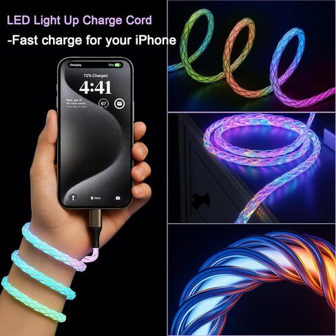 سلك شاحن iPhone المضيء، كابل شاحن لايتنينج RGB ملون متدرج LED كابل لايتنينج معتمد من Apple MFi شحن سريع لهاتف iPhone 14 13 12 11 Pro Max XR X SE 8 Plus More (6 أقدام) in Kuwait