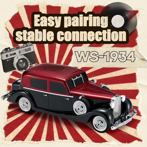 WS-1934 Retro Classic Car Bluetooth Replica Speaker – Wireless HD Sound with FM Radio,TWS Stereo,LED Party Lights,Built-in Microphone Hands-Free Call, Surprise Portable Gift for Party Use(Red) in Saudi Arabia