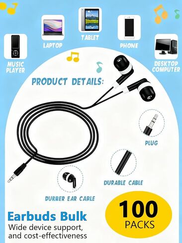DULLA 100 Pcs Bulk Earbuds Wired Headphones for Classroom, Lightweight Headphones in Ear for Students Schools Libraries, No Microphone, Wholesale Ear Buds 3.5mm Jack Individually Bagged (Black/White) in Saudi Arabia