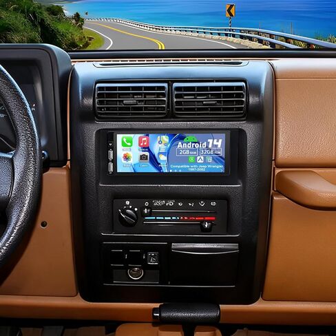 Android 14 Double Din Car Stereo ترقية راديو لسيارة Jeep Wrangler 1997-2002، 2G+32G 6.86 بوصة شاشة لمس لاسلكية Carplay Android Auto GPS WiFi Bluetooth RDS DSP SWC Mirrorlink Mic كاميرا احتياطية in Saudi Arabia