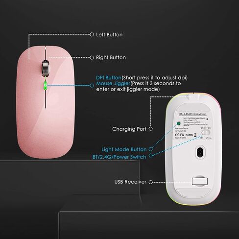 ماوس Fonicer مزدوج الوضع Jiggler للكمبيوتر المحمول والهاتف، ماوس LED قابل لإعادة الشحن، محرك ماوس كمبيوتر، حركة عشوائية غير قابلة للاكتشاف مع زر تشغيل/إيقاف يبقي الكمبيوتر مستيقظًا (ذهبي وردي) in Kuwait