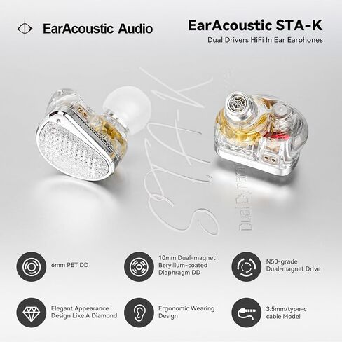 STA-K In Ear Monitor, EarAcoustic Audio HiFi Stereo Wired Earbuds,Hybrid Dual Drivers IEM Headphones,Crystal Clear Sound IEM Earphones with 2 Pin Detachable Cable for Musicians(NO Microphone,Silver) in Kuwait
