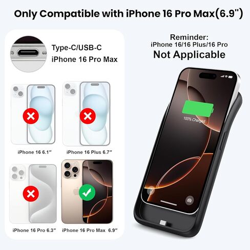 Feob Battery Case for iPhone 16 Pro Max,Ultra-Slim 8600mAh Portable Charger Cover 360°Protection Rechargeable Extended Battery Charging Case for iPhone 16 Pro Max-Black in Kuwait