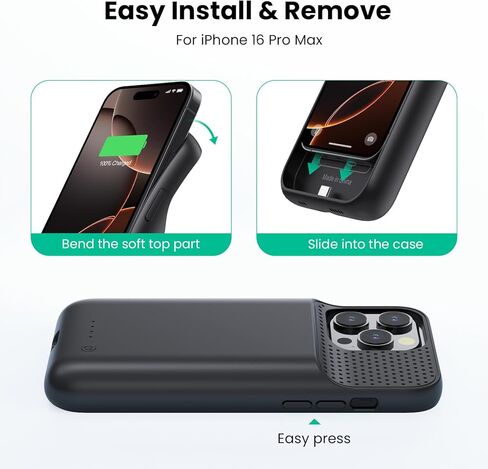 Feob Battery Case for iPhone 16 Pro Max,Ultra-Slim 8600mAh Portable Charger Cover 360°Protection Rechargeable Extended Battery Charging Case for iPhone 16 Pro Max-Black in Kuwait