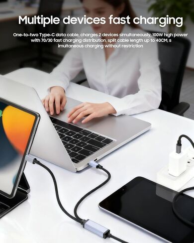 2-in-1 USB-C to dual USB-C data cable, 4 feet, maximum charging power 5A/100W, data transfer speed 480Mbps, compatible with iPhone 16/15 series, laptops, iPad, Nintendo Switch, Galaxy series, etc. in Saudi Arabia