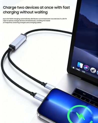 2-in-1 USB-C to dual USB-C data cable, 4 feet, maximum charging power 5A/100W, data transfer speed 480Mbps, compatible with iPhone 16/15 series, laptops, iPad, Nintendo Switch, Galaxy series, etc. in Saudi Arabia