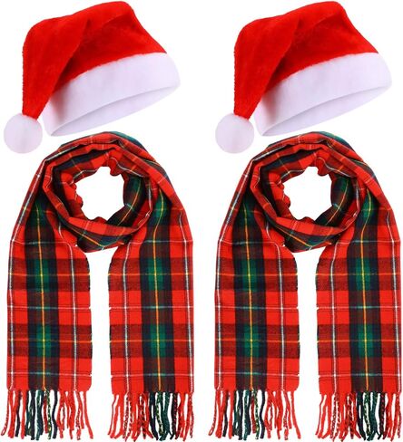 Coume 8 Pcs Christmas Santa Hat and Scarf Set Buffalo Plaid Scarfs Velvet Christmas Hat in Saudi Arabia