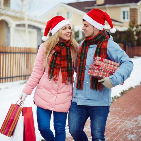 Coume 8 Pcs Christmas Santa Hat and Scarf Set Buffalo Plaid Scarfs Velvet Christmas Hat in Saudi Arabia