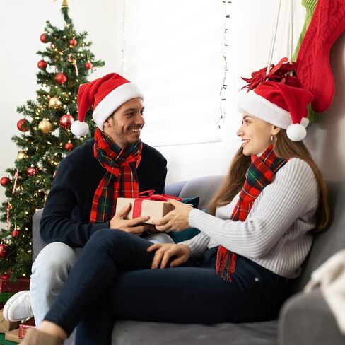 Coume 8 Pcs Christmas Santa Hat and Scarf Set Buffalo Plaid Scarfs Velvet Christmas Hat in Saudi Arabia