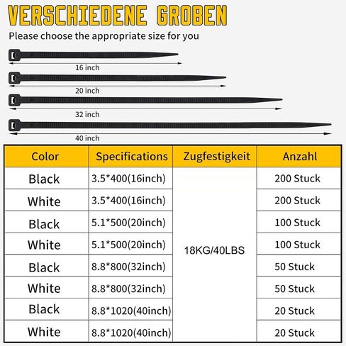32 inch White Zip Ties Heavy Duty 50 PCS,220 lbs Ultra Strong Plastic Wire Ties, Large Cable Ties Extra Long Tie Wraps, Indoor and Outdoor UV Resistant (black, 32inch-50pcs) in Saudi Arabia