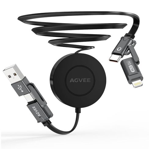 AGVEE 0.3ft Fixed / 2.3ft Extend 4 in 1 Multi USB Charger Cable Mountable One Way Retractable 60W Fast Charging Cord, Pocket-Sized for iPhone 16 15 14 13 12 11, Samsung, Android, Desk Organizer, Black in Kuwait