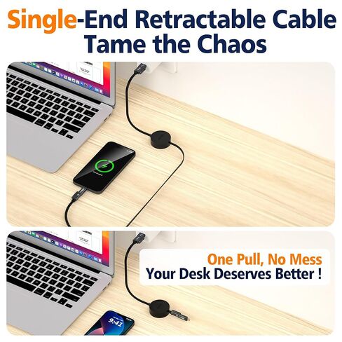 AGVEE 0.3ft Fixed / 2.3ft Extend 4 in 1 Multi USB Charger Cable Mountable One Way Retractable 60W Fast Charging Cord, Pocket-Sized for iPhone 16 15 14 13 12 11, Samsung, Android, Desk Organizer, Black in Kuwait