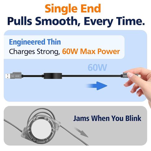 AGVEE 0.3ft Fixed / 2.3ft Extend 4 in 1 Multi USB Charger Cable Mountable One Way Retractable 60W Fast Charging Cord, Pocket-Sized for iPhone 16 15 14 13 12 11, Samsung, Android, Desk Organizer, Black in Kuwait