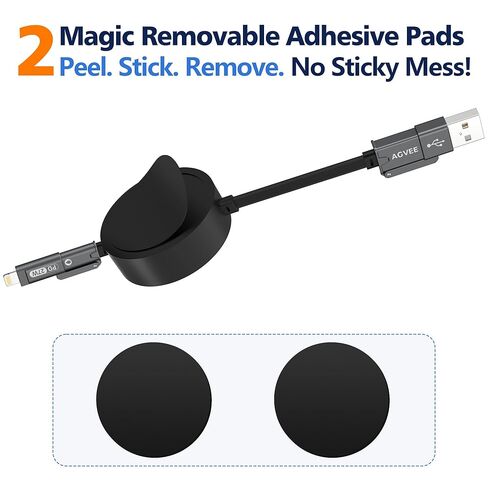 AGVEE 0.3ft Fixed / 2.3ft Extend 4 in 1 Multi USB Charger Cable Mountable One Way Retractable 60W Fast Charging Cord, Pocket-Sized for iPhone 16 15 14 13 12 11, Samsung, Android, Desk Organizer, Black in Kuwait