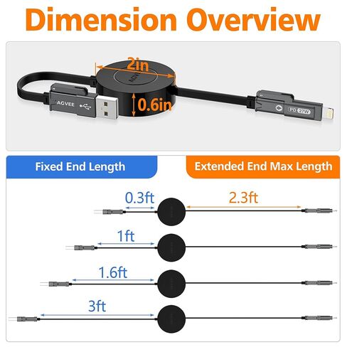 AGVEE 0.3ft Fixed / 2.3ft Extend 4 in 1 Multi USB Charger Cable Mountable One Way Retractable 60W Fast Charging Cord, Pocket-Sized for iPhone 16 15 14 13 12 11, Samsung, Android, Desk Organizer, Black in Kuwait