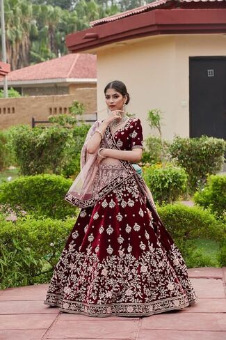 TRENDMALLS Women 's Maroon Velvet Embroidery Sequence Work Bridal Lehenga Choli with Dupatta For Women in Saudi Arabia
