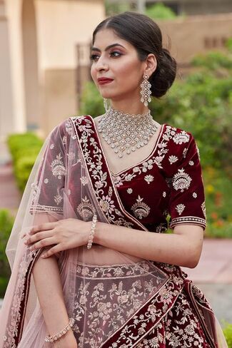TRENDMALLS Women 's Maroon Velvet Embroidery Sequence Work Bridal Lehenga Choli with Dupatta For Women in Saudi Arabia