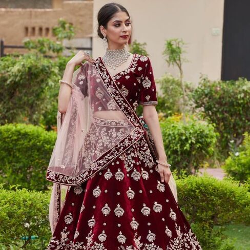 TRENDMALLS Women 's Maroon Velvet Embroidery Sequence Work Bridal Lehenga Choli with Dupatta For Women in Saudi Arabia