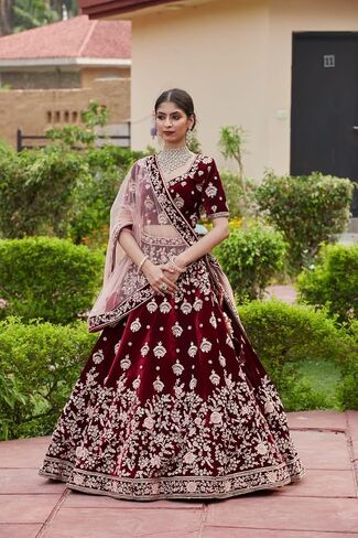 TRENDMALLS Women 's Maroon Velvet Embroidery Sequence Work Bridal Lehenga Choli with Dupatta For Women in Saudi Arabia