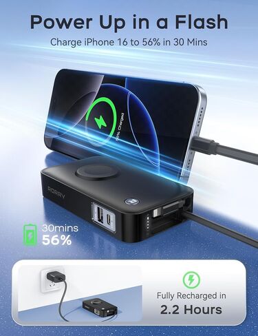 RORRY Portable Charger, 10,000mAh 30W Fast Charging Power Bank with Built-in Retractable Cables, Travel Battery Pack for iPhone 17/16/15/14/13/12, Apple Watch, iPad and More, Starlight in Saudi Arabia
