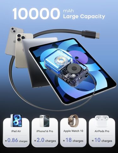 RORRY Portable Charger, 10,000mAh 30W Fast Charging Power Bank with Built-in Retractable Cables, Travel Battery Pack for iPhone 17/16/15/14/13/12, Apple Watch, iPad and More, Starlight in Saudi Arabia