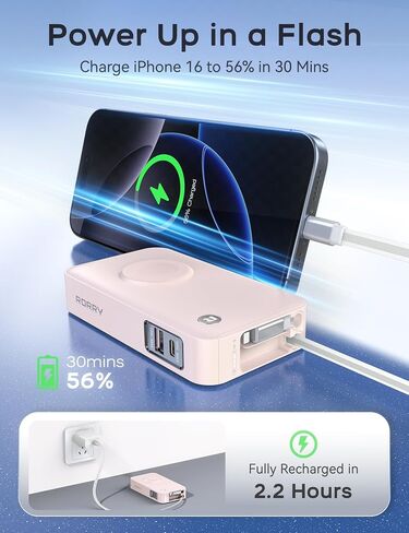 RORRY Portable Charger, 10,000mAh 30W Fast Charging Power Bank with Built-in Retractable Cables, Travel Battery Pack for iPhone 17/16/15/14/13/12, Apple Watch, iPad and More, Starlight in Saudi Arabia