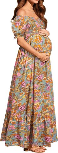 Maternity Dress Baby Shower - 2025 Photoshoot Pregnancy Summer Floral Maxi Off Shoulder Casual Dress in Saudi Arabia