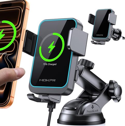 MOKPR Wireless Car Charger, Auto Clamping Car Charger Dash Windshield Air Vent Phone Holder Compatible with iPhone 17 16 15 14/13/13 Pro/12 pro/12/11/X/8, Samsung S24/S23/S22 in Saudi Arabia