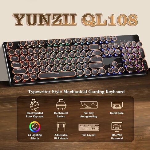 YUNZII QL108 لوحة مفاتيح ميكانيكية للألعاب بنمط الآلة الكاتبة، لوحات مفاتيح بإضاءة خلفية RGB كاملة الحجم وقابلة للتبديل السريع، أغطية مفاتيح مستديرة بلوحة معدنية ريترو بانك، لوحة مفاتيح كمبيوتر سلكية USB (أسود، مفتاح أونيكس) in Kuwait