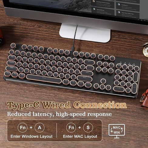 YUNZII QL108 لوحة مفاتيح ميكانيكية للألعاب بنمط الآلة الكاتبة، لوحات مفاتيح بإضاءة خلفية RGB كاملة الحجم وقابلة للتبديل السريع، أغطية مفاتيح مستديرة بلوحة معدنية ريترو بانك، لوحة مفاتيح كمبيوتر سلكية USB (أسود، مفتاح أونيكس) in Kuwait