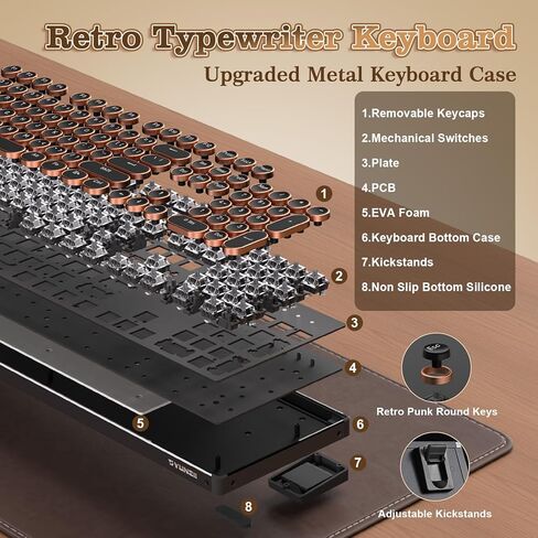 YUNZII QL108 لوحة مفاتيح ميكانيكية للألعاب بنمط الآلة الكاتبة، لوحات مفاتيح بإضاءة خلفية RGB كاملة الحجم وقابلة للتبديل السريع، أغطية مفاتيح مستديرة بلوحة معدنية ريترو بانك، لوحة مفاتيح كمبيوتر سلكية USB (أسود، مفتاح أونيكس) in Kuwait