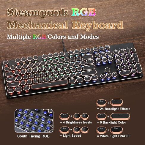 YUNZII QL108 لوحة مفاتيح ميكانيكية للألعاب بنمط الآلة الكاتبة، لوحات مفاتيح بإضاءة خلفية RGB كاملة الحجم وقابلة للتبديل السريع، أغطية مفاتيح مستديرة بلوحة معدنية ريترو بانك، لوحة مفاتيح كمبيوتر سلكية USB (أسود، مفتاح أونيكس) in Kuwait