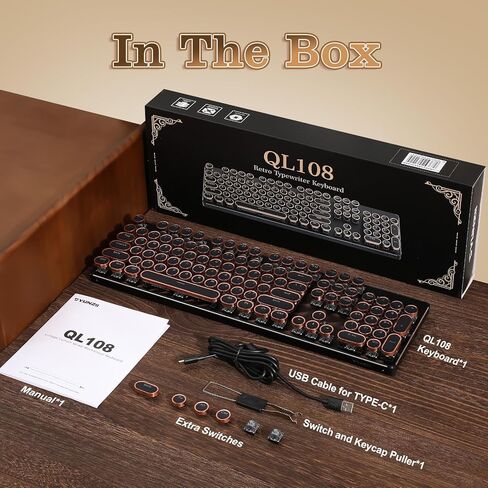 YUNZII QL108 لوحة مفاتيح ميكانيكية للألعاب بنمط الآلة الكاتبة، لوحات مفاتيح بإضاءة خلفية RGB كاملة الحجم وقابلة للتبديل السريع، أغطية مفاتيح مستديرة بلوحة معدنية ريترو بانك، لوحة مفاتيح كمبيوتر سلكية USB (أسود، مفتاح أونيكس) in Kuwait