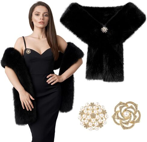 Geyoga 3 PCS Long Women's Faux Fur Fur -Clar و Wrap Pearl و Rhinestone الزفاف دبابيس بروش للنساء حفل زفاف الزفاف الحرف in Saudi Arabia