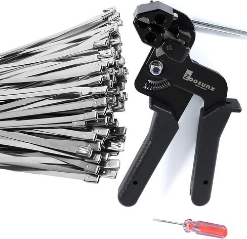 Metal Zip Tie Tool Kit: Heavy-Duty Stainless Steel Cable Tie Tensioner with 100PCS 11.8-Inch Self-Locking Metal Zip Ties for Fencing, Exhaust, Pipes & Industrial Repairs(100PCS+TOOL, SILVER) in Saudi Arabia
