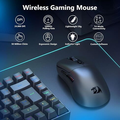 ماوس ألعاب لاسلكي Redragon، خفيف الوزن 58 جرام، 24000 نقطة لكل بوصة، ثلاثي الوضع 2.4 جيجا/بلوتوث/USB-C، مستشعر PAW3311، ماوس بطارية 75 ساعة مع 6 أزرار قابلة للبرمجة للكمبيوتر الشخصي/Mac (أسود) in Saudi Arabia