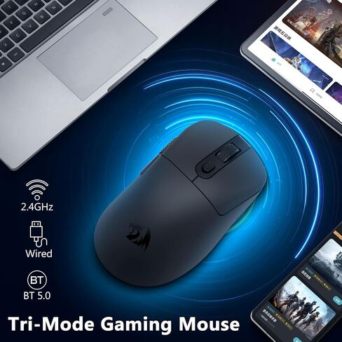 ماوس ألعاب لاسلكي Redragon، خفيف الوزن 58 جرام، 24000 نقطة لكل بوصة، ثلاثي الوضع 2.4 جيجا/بلوتوث/USB-C، مستشعر PAW3311، ماوس بطارية 75 ساعة مع 6 أزرار قابلة للبرمجة للكمبيوتر الشخصي/Mac (أسود) in Saudi Arabia