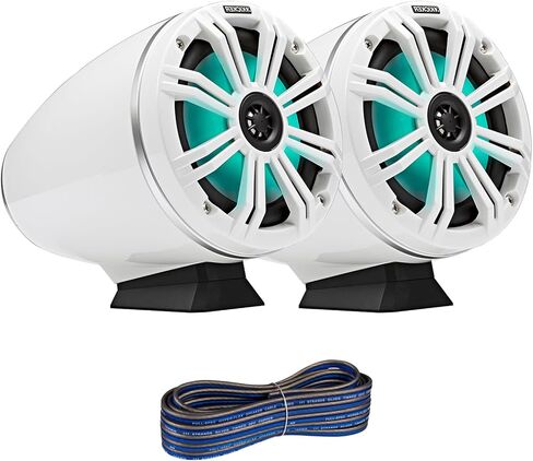 KICKER KMFC 6.5" 195 Watt Max Power Flat Mount Coaxial White Marine Loaded Boat Tower Speakers w/Multicolor LEDs (Pair) Bundle Combo with 50-Feet 16-Gauge Speaker Wire in Saudi Arabia