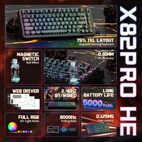 ATTACK SHARK X82PRO HE 75% Wireless Rapid Trigger Gaming Keyboard, Hall Effect Magnetic Switch Keyboard with 0.01mm RT Adjustable Actuation, 8Khz Polling Rate, Hot-Swap, RGB, for PC Gamer (Comic) in Saudi Arabia