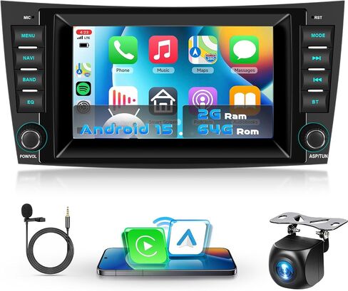 راديو 2G+64G لسيارة Mercedes Benz E Class W211 E200 مع Carplay لاسلكي/Android Auto، ستيريو بشاشة لمس Android 7 بوصة، بلوتوث، GPS، SWC+ كاميرا احتياطية in Saudi Arabia