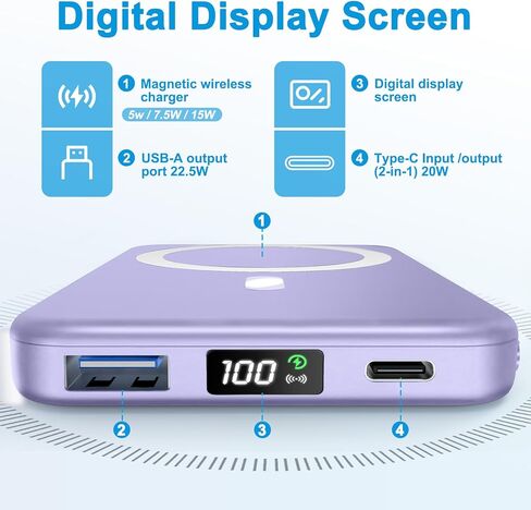 AOGUERBE for Magsafe Portable Charger, 10000mAh Wireless Magnetic Power Bank PD 22.5W Fast Charging Battery Pack with LED Display for iPhone 17/16/15/14/13/12 Series-White in Kuwait