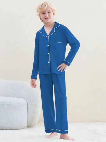 umeyda boys 100 ٪ pajamas cotton set Kids Soft Long Sleeve Top and Pants Sleepwear 2 pcs button-up comfy pjs for ages 4-12 in Saudi Arabia