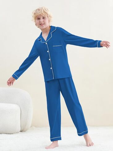umeyda boys 100 ٪ pajamas cotton set Kids Soft Long Sleeve Top and Pants Sleepwear 2 pcs button-up comfy pjs for ages 4-12 in Saudi Arabia