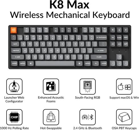 لوحة مفاتيح ميكانيكية لاسلكية Keychron K8 Max TKL، QMK 2.4 جيجا هرتز/بلوتوث 5.1/سلكية مع إطار من الألومنيوم، مفتاح Keychron Super Banana بإضاءة خلفية RGB وقابل للتبديل السريع لنظام التشغيل Mac Windows Linux in Saudi Arabia