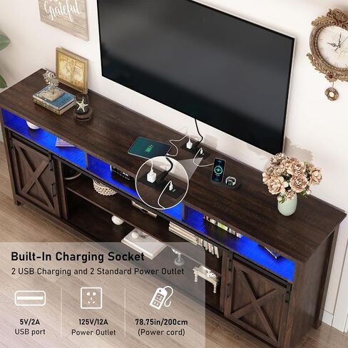 حامل تلفزيون LED مقاس 80 بوصة لأجهزة تلفزيون مقاس 90/85/80 بوصة، وخزائن تخزين مركز الترفيه الطويلة مع منافذ طاقة وباب الحظيرة المنزلق، وحوامل تلفزيون ريفية لغرفة المعيشة، وخزانة وحدة تحكم الوسائط (بني ريفي) in Kuwait