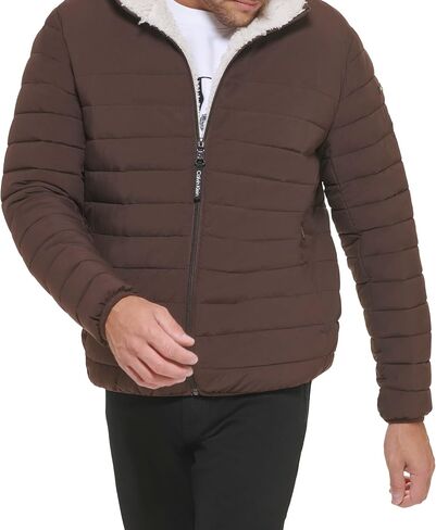 Calvin Klein mens Lightweight Packable Down Jacket With Fleece Bib and Removable Hood in Saudi Arabia