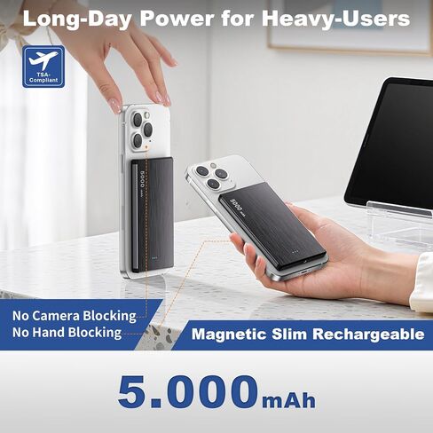 Magnetic Wireless Power Bank, 0.3" Ultra Slim PD 20W Portable Phone Charger Fast Charging, 5000mAh Battery Pack with USB C Cable, Powerbank for iPhone 16 Pro Max 16 Pro/17/16/15/14/13/12 Samsung in Saudi Arabia