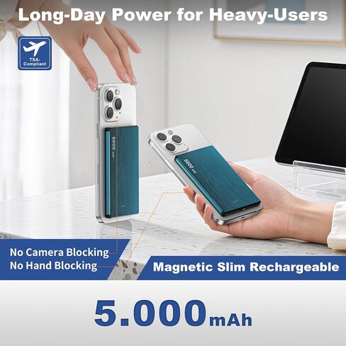 Magnetic Wireless Power Bank, 0.3" Ultra Slim PD 20W Portable Phone Charger Fast Charging, 5000mAh Battery Pack with USB C Cable, Powerbank for iPhone 16 Pro Max 16 Pro/17/16/15/14/13/12 Samsung in Saudi Arabia