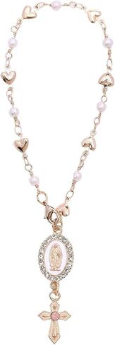 Steering Wheel Rosary Charm, Steering Wheel Accessory with Virgin Mary Charm & Cross, Pearl Heart Chain Catholic Car Interior Hanging Decor (White) in Saudi Arabia