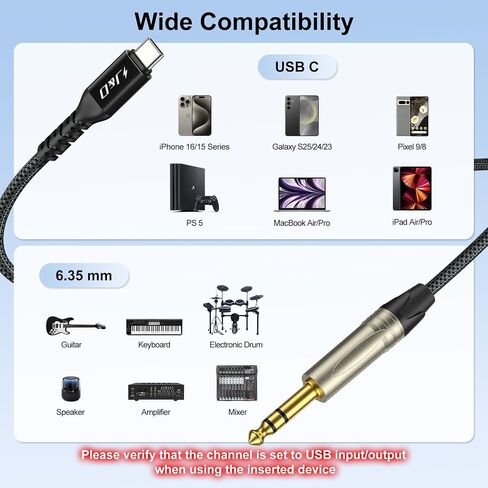 J&D USB C to 6.35 mm TRS Stereo Audio Cable, 2 in 1 Cord with Switch Button, Supports Recording and Playback, Compatible with iPhone 15/16, MacBook, iPad, Black, 6.6 Feet in Saudi Arabia